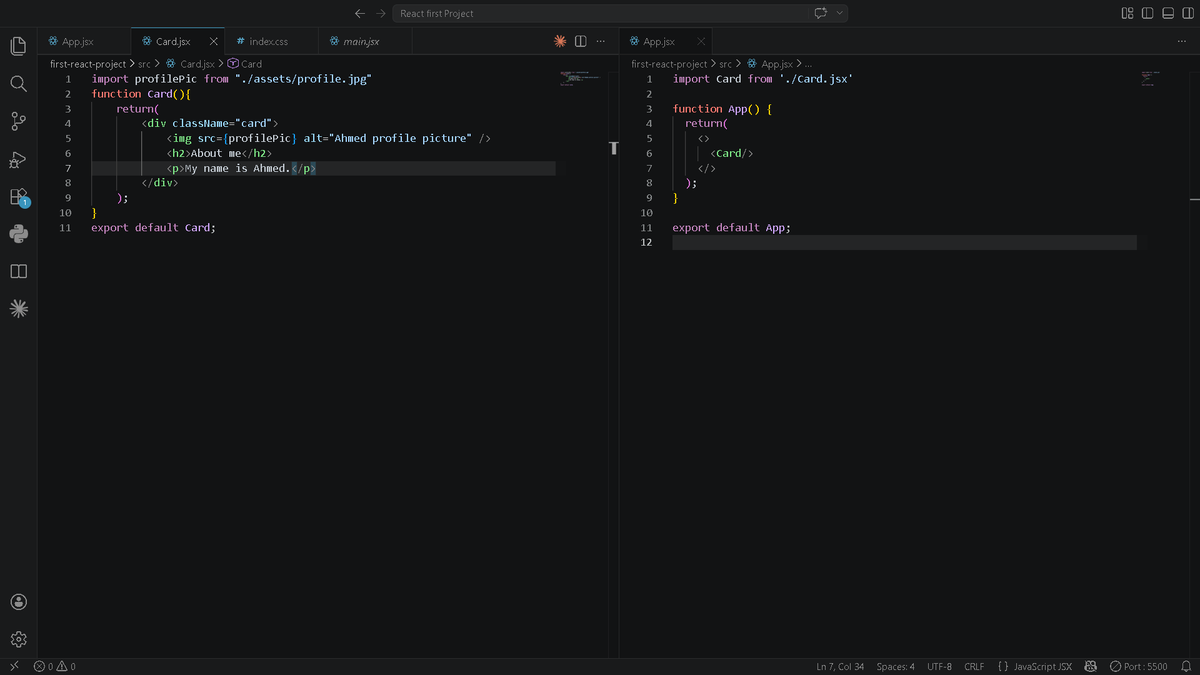 BlayzeX27's tweet image. Day 2 of React ⚛️

8 hours of school → still coded 💪

learned how to:
- import images in React
- pass data with props
- build a profile card component

also found out className ≠ class
because class is already taken by JS 😅

#React #100DaysOfCode #buildinpublic