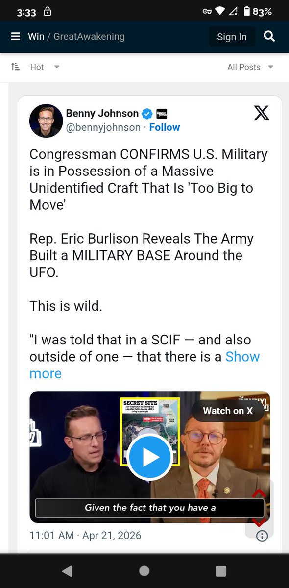 DomPachino101's tweet image. #UFOs: Congressman CONFIRMS U.S. Military is in Possession of a Massive Unidentified Craft That Is 'Too Big to Move' U.S. Rep. Eric Burlison Reveals The Army Built a MILITARY BASE Around the UFO... 
greatawakening.win/p/1ASZViX3VJ/c…