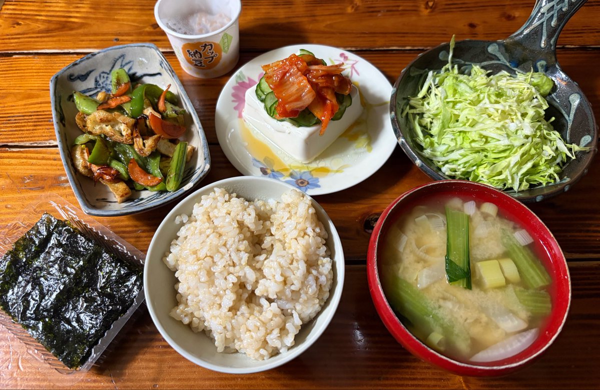 vegelovecat's tweet image. おはよー
4:58出発早朝散歩 13℃ひんやり気持ちがいい ミズさん最後に一つ公園追加するといい2.8キロ楽しく散歩してこれたよ
昨夜は2人飯 きゅうりキムチ奴 油揚げピーマン人参スナップエンドウの炒め 千キャベ 味噌汁 韓国海苔 納豆
 #vegan #ヴィーガン #保護猫を家族に #保護犬を家族に