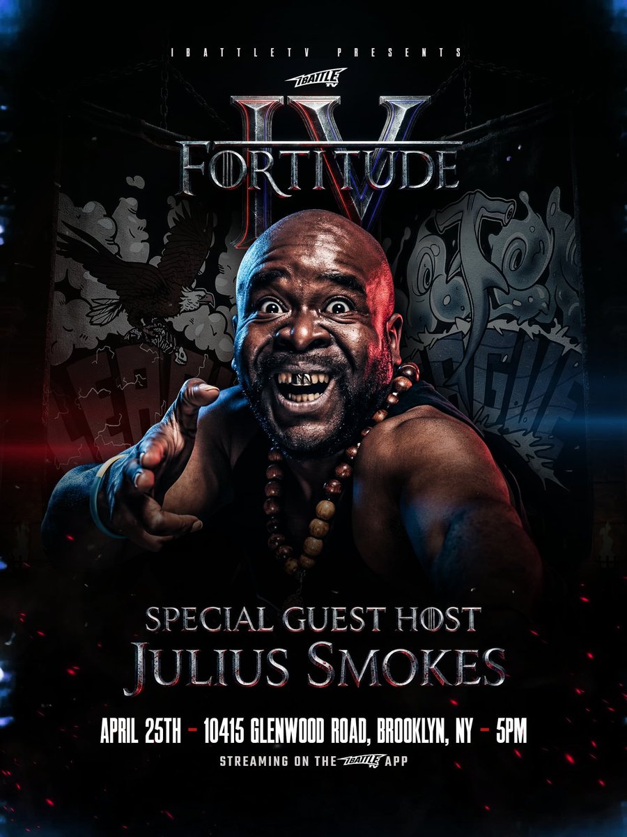 iBattlePromo's tweet photo. ***UPDATE FOR SATURDAY***

GUEST HOST: @ringofhonor &amp; @MLW Alumni 

JULIUS SMOKES

April 25th #FORTITUDE
Brooklyn, New York

JEY THE NITEWING vs HOMESKOOL
LU CASTRO vs CJA
DOMS vs KING JABLES
&amp; MORE

Streaming on the iBattleTV app!
Tickets available on the iBattleTV Eventbrite! https://t.co/YM7x2XGAnz