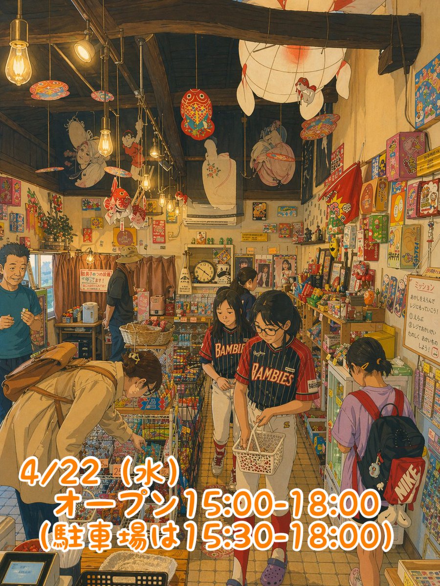 本日4/22(水)15:00-18:00オープン！！

今日は午前中に日差しが届いても、午後は雲の目立つ空。朝は寒くても、昼間は暖かく感じられそうです。一日の寒暖差が大きくなるため、服装で体感温度の調節を。

※エコバッグご持参のご協力お願い致します
※駄菓子の詰め合わせご相談お待ちしてます