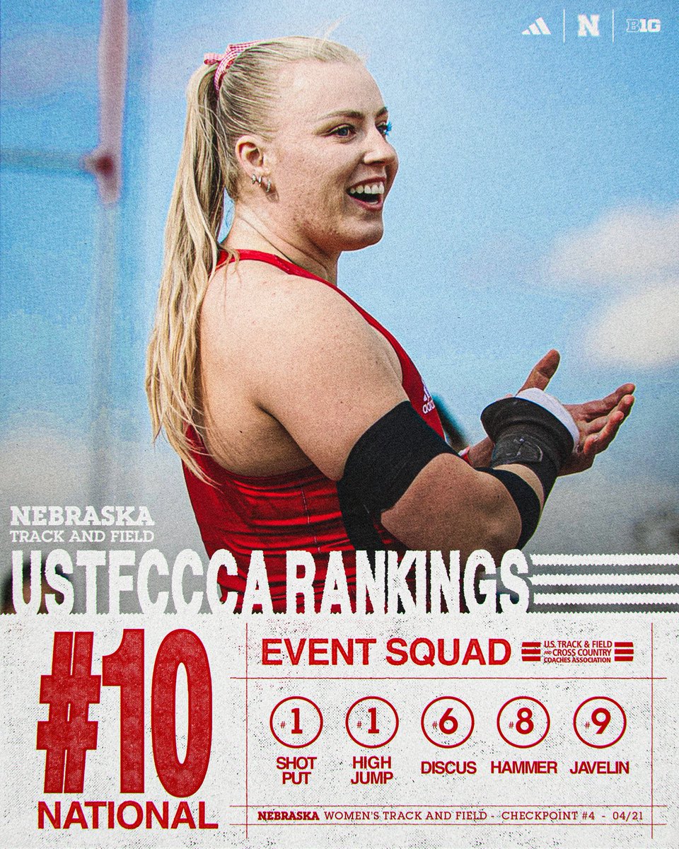 HuskerTFXC's tweet photo. Keep climbing. 🧗

Both Husker men and women are ranked inside the top ten of the @USTFCCCA national rankings for the second week in a row. 👀 https://t.co/UWl4V9GlEZ