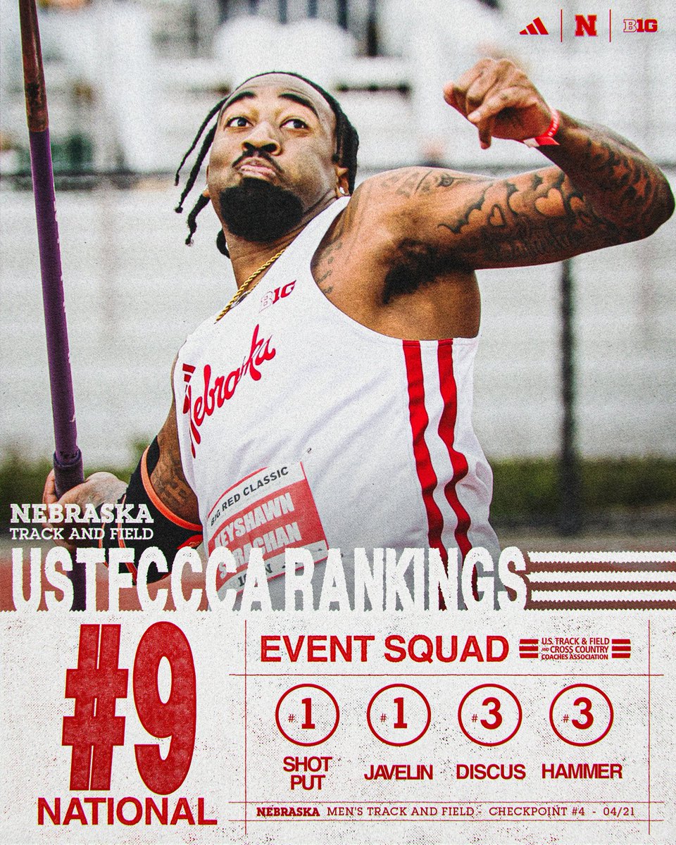 HuskerTFXC's tweet photo. Keep climbing. 🧗

Both Husker men and women are ranked inside the top ten of the @USTFCCCA national rankings for the second week in a row. 👀 https://t.co/UWl4V9GlEZ