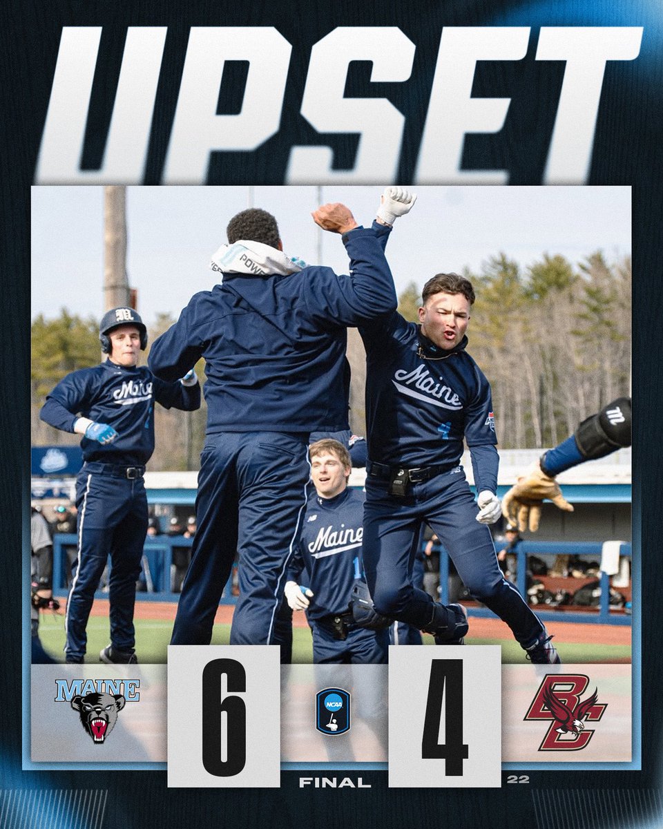 NCAABaseball's tweet image. THE BLACK BEARS WERE ON THE PROWL FOR AN UPSET 🐾

@MaineBaseball deals an upset to No. 22 Boston College, 6-4!

#NCAABaseball