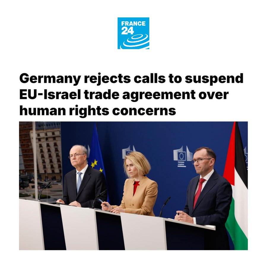 Jerman menolak seruan untuk menangguhkan perjanjian perdagangan UE-Israel atas "keprihatinan hak asasi manusia" 

🔹Negara-negara anggota UE sedang mempertimbangkan langkah-langkah terhadap Israel, termasuk usulan untuk menangguhkan atau membatasi perjanjian perdagangan. Namun,
