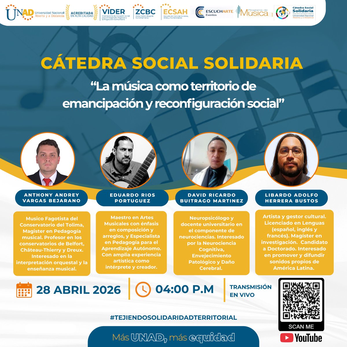 ElOIRdelaRegion's tweet photo. #CatedraSocialSoliadria Temática "La música como territorio de emancipación y reconfiguración social."
Un espacio para explorar la música como una herramienta de transformación, su papel en la construcción de identidades contemporáneas y su potencial como ejercicio emancipatorio.
Día: 28 Abril 
Hora: 4:00 PM
📍 Transmisión en vivo: https://t.co/nvKpIk3WkZ