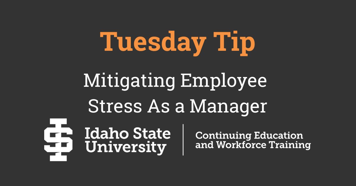 ISU_WFT's tweet photo. Tuesday Tip: Managers can help reduce workplace stress by setting realistic expectations &amp; maintaining open communication. Offering support during busy periods can also improve morale.

Image description: Graphic with “Mitigating Employee Stress as a Manager,” w/ ISU logo. https://t.co/TsvaZNLFae