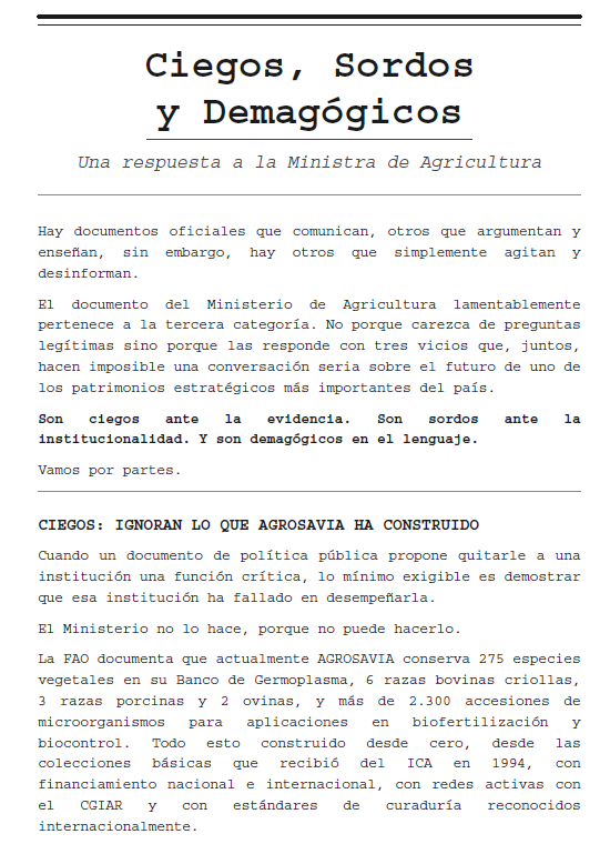 enriquilloseg15's tweet photo. @CeciliaLopezM Querida  Ceci, @CeciliaLopezM como la ministra Carvajalino bloqueó las respuestas, envío la mía como egresado de una universidad pública y conocedor de la situación actual de @SomosAGROSAVIA  
"Ciegos, Sordos y Demagógicos" https://t.co/DycdKki649
