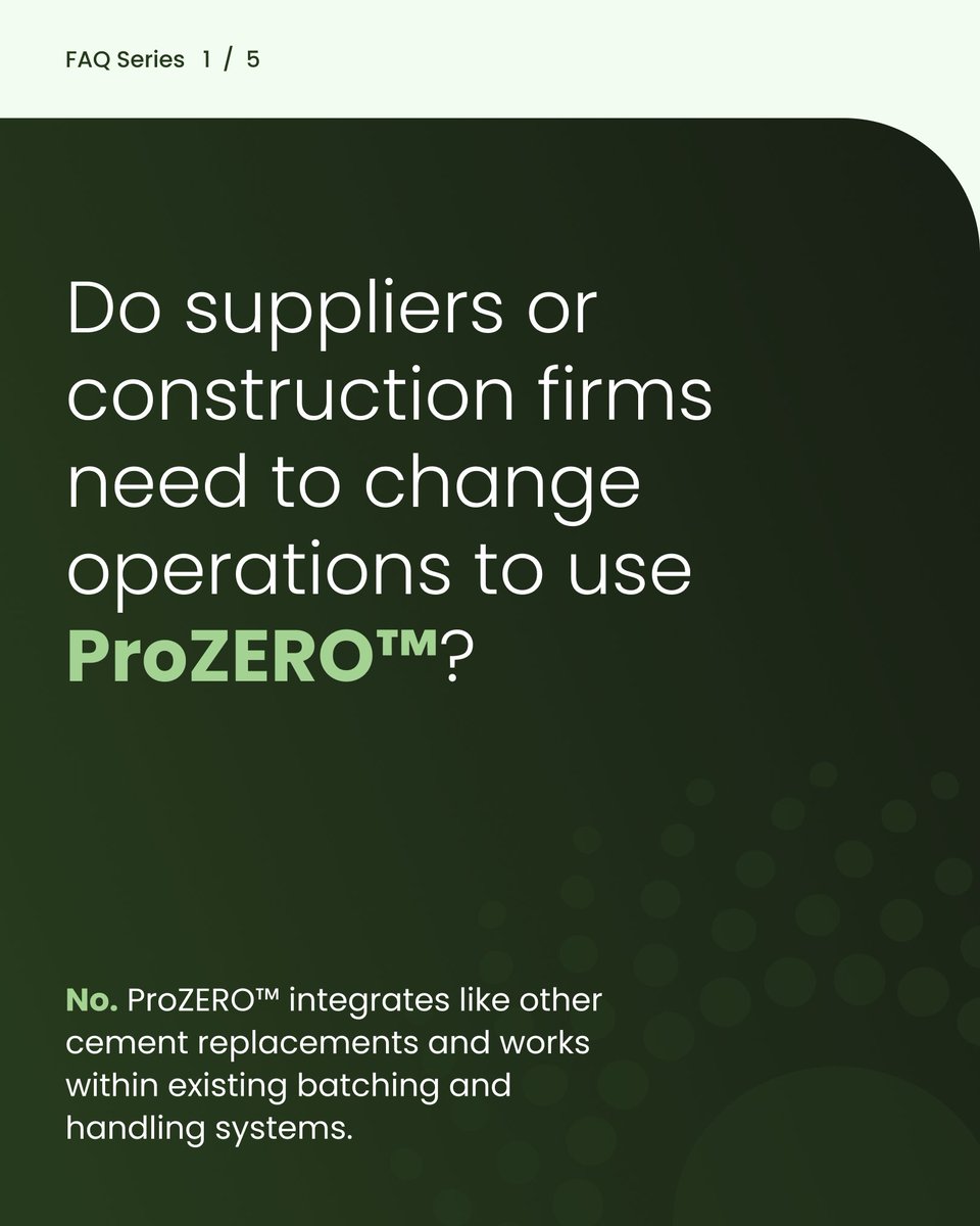 prometheusmats's tweet photo. Kicking off our FAQ series....

One of the biggest concerns we hear: Will this disrupt our operation? 🚫No.

ProZERO™️integrates like other cement replacements (slag, fly ash, etc.) and works within existing batching and handling systems.

No new process.
No new equipment.
Just lower carbon concrete.