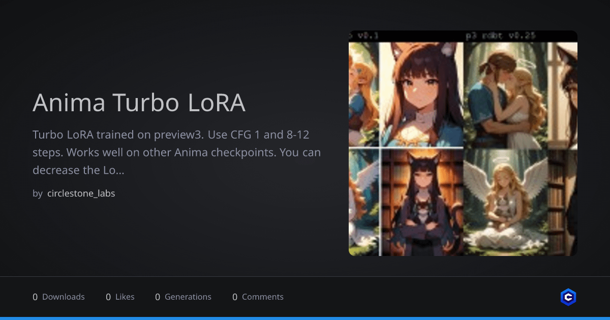 aiaicreate's tweet image. Stable Diffusionの「Anima Turbo LoRA v0.1」がリリース。
開発中のAnimaモデル向け、高速生成を目的としたLoRA。
プレビュー版LoRAの互換性にばらつきがあり、既存LoRAの動作可否や再学習の必要性が議論の焦点。
全身画像での顔描写の正確性向上にも示唆。

#StableDiffusion
#Anima

URLはリプ⬇️
