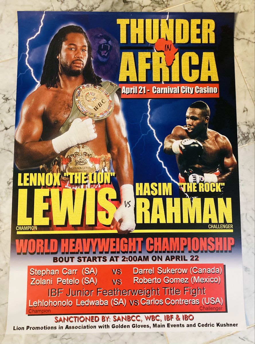 DanRafael1's tweet image. Site poster and program in my #boxing collection from when Hasim Rahman scored one of the biggest upsets in heavyweight history by knocking out Lennox Lewis in rd 5 to win the lineal and unified title in their 1st fight -- 25 years ago today.