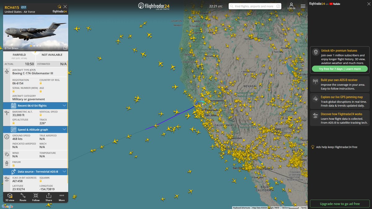 AIYeyENGDdJkjTr's tweet image. Apr. 22, 2026
#Fairfield Travis Air Force Base ==&amp;gt; #Joint Base Pearl Harbor-Hickam, Honolulu

#RCH415 #AE1458 USAF C-17A Globemaster III