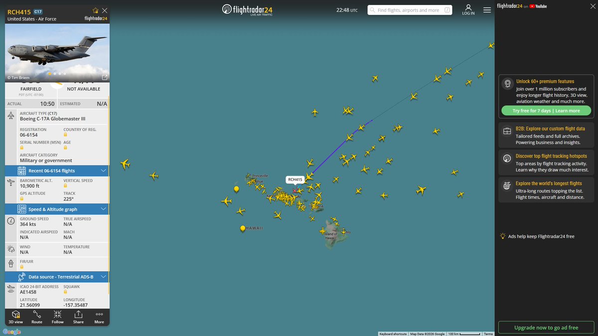 AIYeyENGDdJkjTr's tweet image. Apr. 22, 2026
#Fairfield Travis Air Force Base ==&amp;gt; #Joint Base Pearl Harbor-Hickam, Honolulu

#RCH415 #AE1458 USAF C-17A Globemaster III