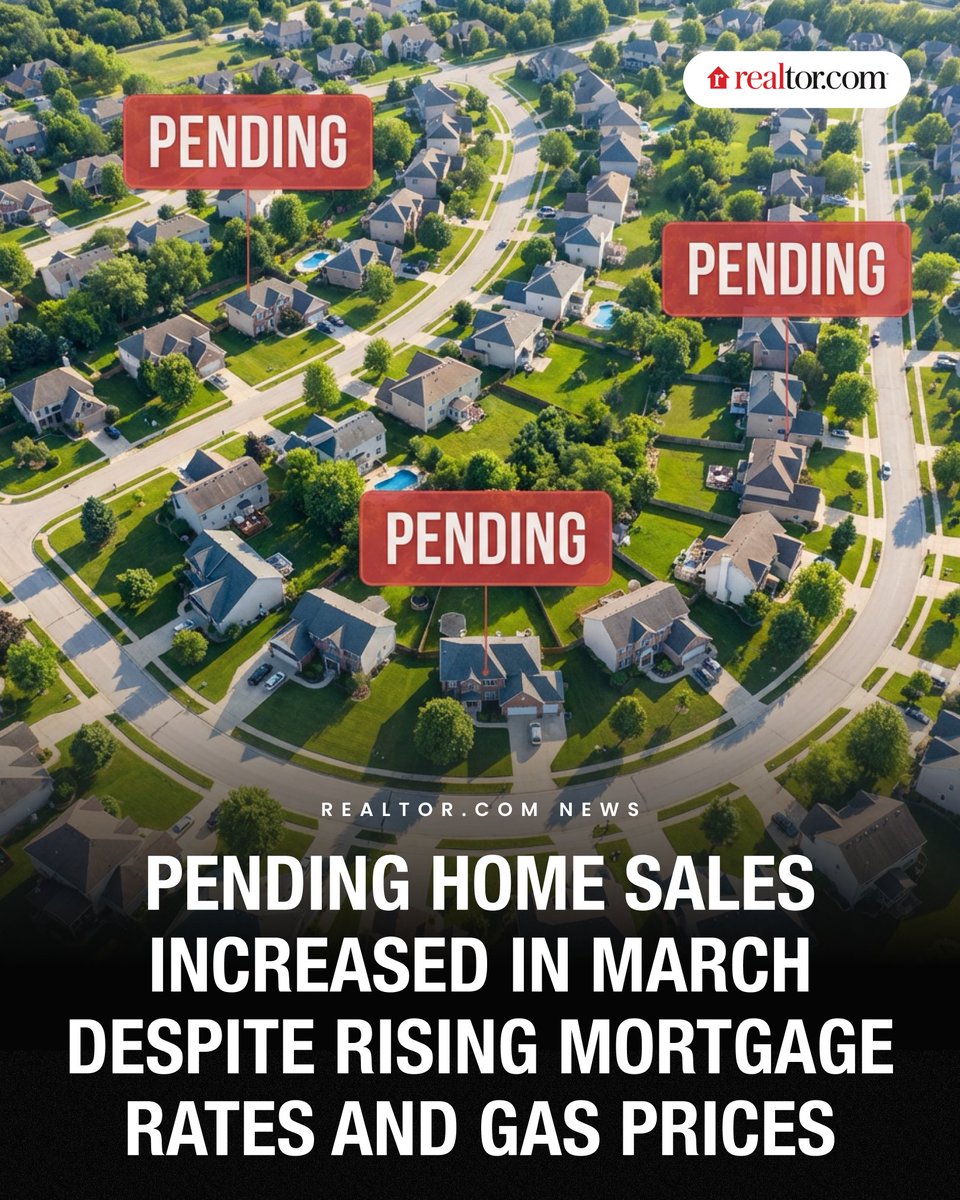 realtordotcom's tweet photo. Pending home sales rose 1.5% in March from February, a positive sign for the housing market despite climbing mortgage rates and soaring gas prices from the Iran war, according to NAR. "A greater supply of inventory will help translate that demand into more home sales," said NAR Chief Economist Lawrence Yun, who added that new construction should focus on smaller, more affordable starter homes to reach first-time buyers most squeezed by rate fluctuations.

Read: https://t.co/1IXFr9FoSG