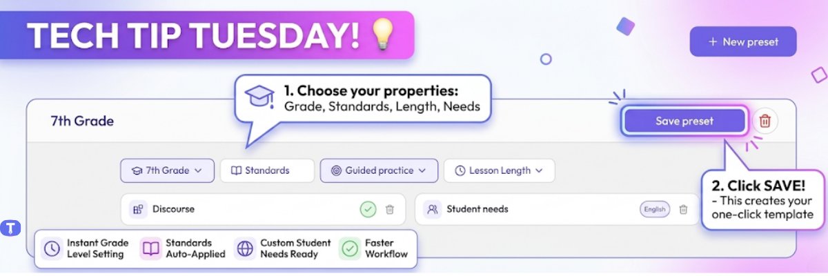 TeachShareAI's tweet image. Tech Tip Tuesday

Build it once. Use it forever.

Save your perfect setup as a preset and skip the repeat clicks every time you create.

Same quality. Way faster. TeachShare just gave you your time back. #TechTuesday #TeachShareAI #teachers