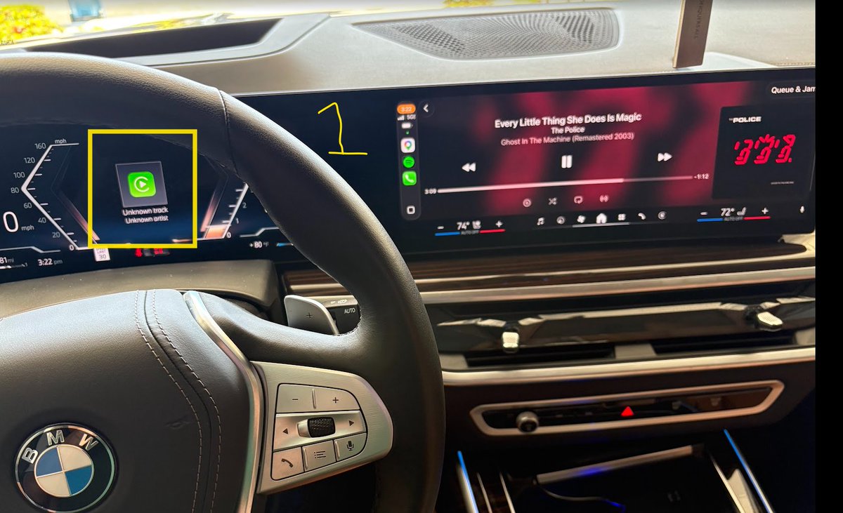 RayTweetsLV's tweet photo. @BMW @Apple 2026 X7. Connects to carplay but not all the way. I am unable to go to the next track nor does the song image show up in the center console (1). To fix it I have to turn off iPhone wifi and turn it back on (2).  Please fix this, it is annoying! https://t.co/Qh3xexp3G6