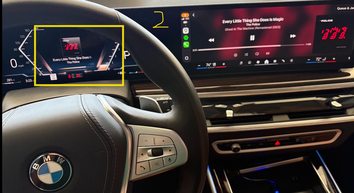 RayTweetsLV's tweet photo. @BMW @Apple 2026 X7. Connects to carplay but not all the way. I am unable to go to the next track nor does the song image show up in the center console (1). To fix it I have to turn off iPhone wifi and turn it back on (2).  Please fix this, it is annoying! https://t.co/Qh3xexp3G6