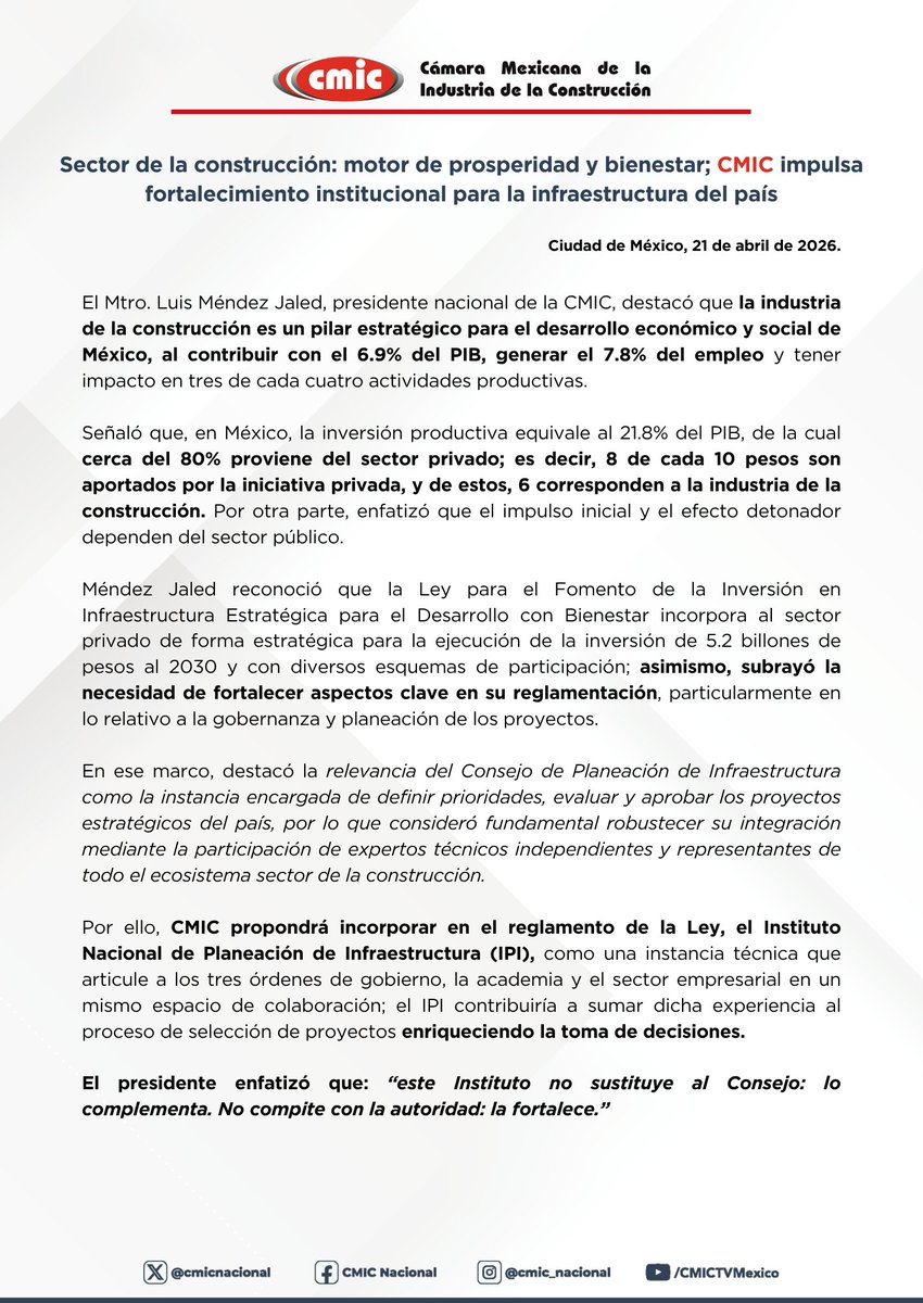 cmicnacional's tweet image. Sector de la construcción: motor de prosperidad y bienestar; CMIC impulsa fortalecimiento institucional para la infraestructura del país

#CMIC #Infraestructura #México #Construcción #Desarrollo