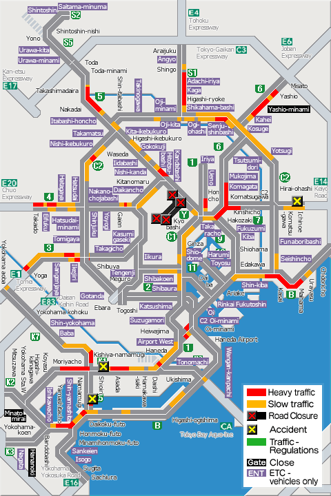 shutoko_EN's tweet photo. This map shows the traffic conditions as of  8 a.m. on the Metropolitan Expressway. For more information, please see the following link.
#Shutoko
https://t.co/cIezY4a0MV https://t.co/8g9F2r6Usb