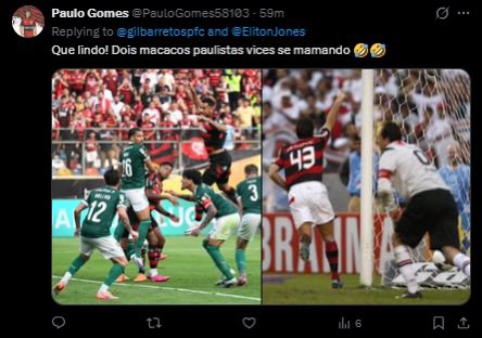 Dentre tantos torcedores do <a href="/Flamengo/">Flamengo</a> que já fizeram isso comigo. O <a href="/PauloGomes58103/">Paulo Gomes</a> foi o da vez pra representar a nação. Assim como todos os outros, ele é apenas mais um racista covarde de merda que sequer tem a coragem de mostrar a cara. É só mais um filho da puta!