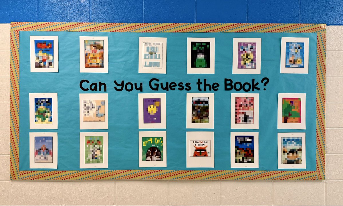 LoriTecler's tweet image. I saw some librarians doing pixelated book cover displays, so here’s my take. I looked at our circulation data &amp;amp; chose books that are popular w/our readers to personalize the display. Any guesses? I had a 3rd grader reel off 5 correct right away! #SchoolLibrary #kidlit