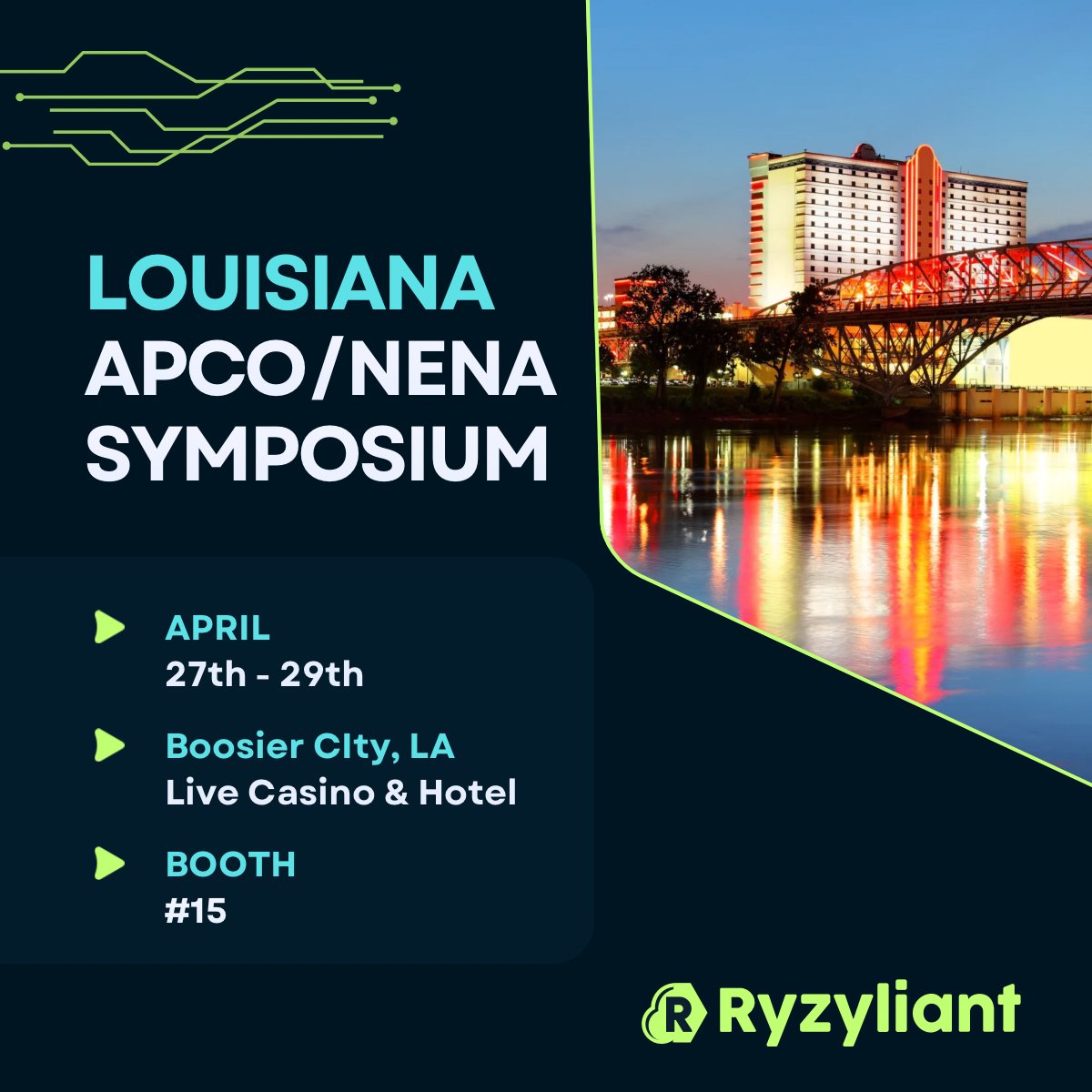 Ryzyliant's tweet photo. We’re excited to be heading to the Louisiana APCO/NENA Symposium next week! Stop by Booth #15 to meet the Ryzyliant team and see how our EDGE platform is helping agencies.

#LouisianaAPCONENA #911 #PublicSafety #EmergencyCommunications #Ryzyliant #EDGE911 https://t.co/xTqBOsvH3l