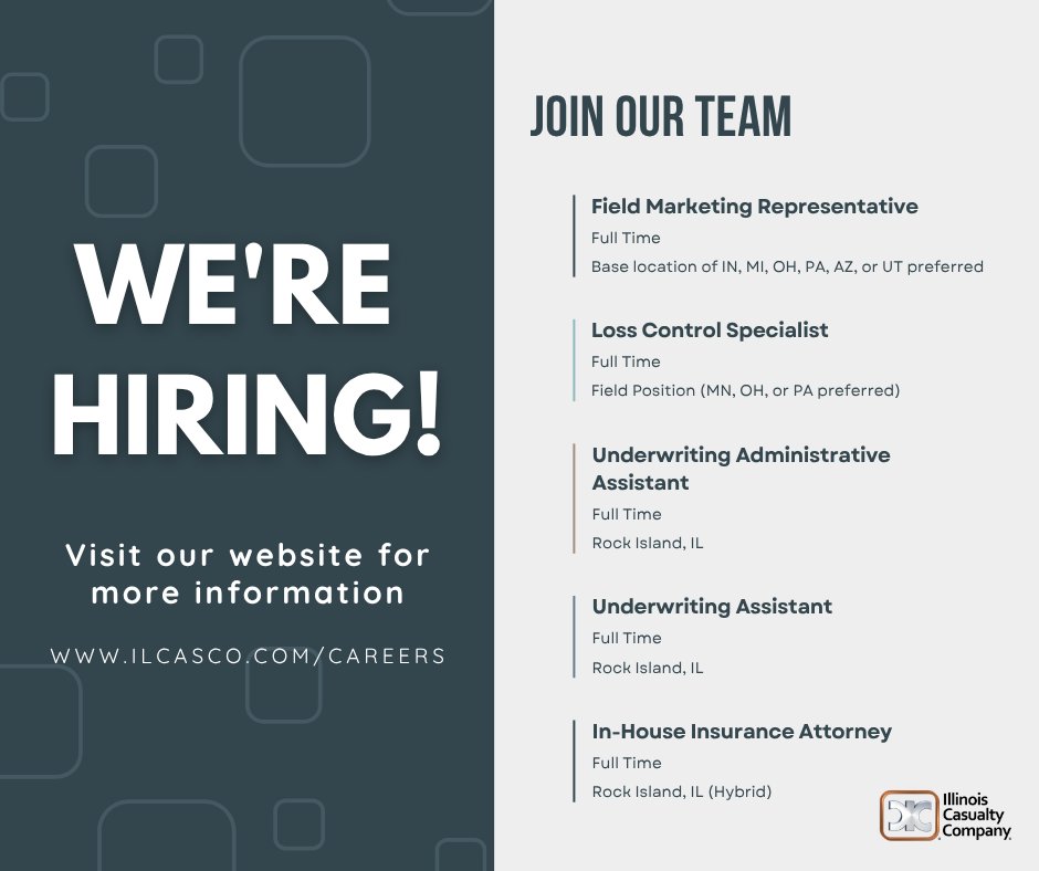 ICCInsurance's tweet image. 🚨 We're Hiring — Come Build Something That Lasts.

👉 Explore current openings at 𝗶𝗹𝗰𝗮𝘀𝗰𝗼.𝗰𝗼𝗺/𝗰𝗮𝗿𝗲𝗲𝗿𝘀

💼 Real growth. Real impact. Real purpose.

#NowHiring #InsuranceCareers #ICCInsurance