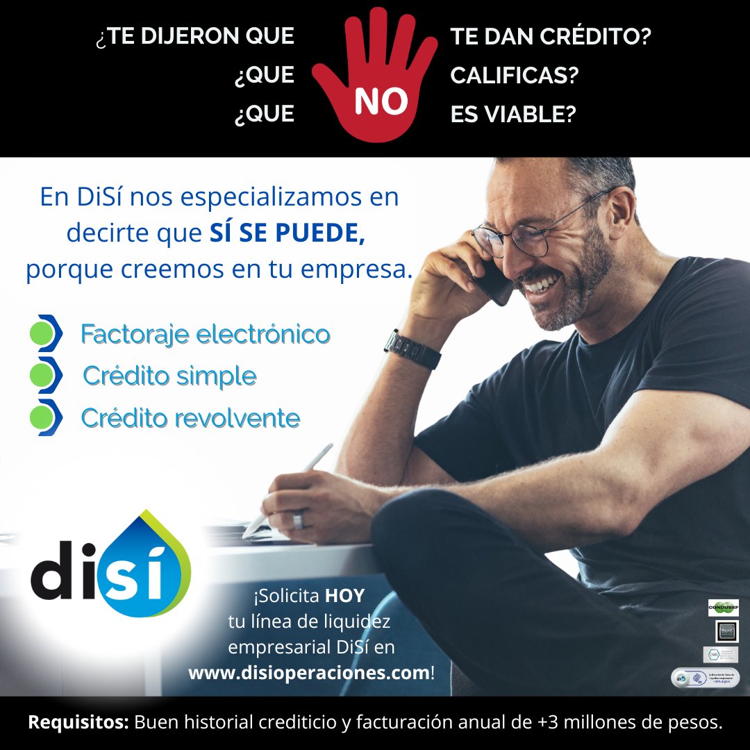 DiSiFactoraje's tweet photo. Tu negocio merece un buen SÍ en soluciones financieras para la falta de recursos. Solicita HOY tu línea de liquidez empresarial DiSí en https://t.co/Wiv2um54rJ, ¡y que nada te detenga!
#credito #factoraje #empresas #negocios #pymes #mexico #liquidez https://t.co/t0d4gQfelb