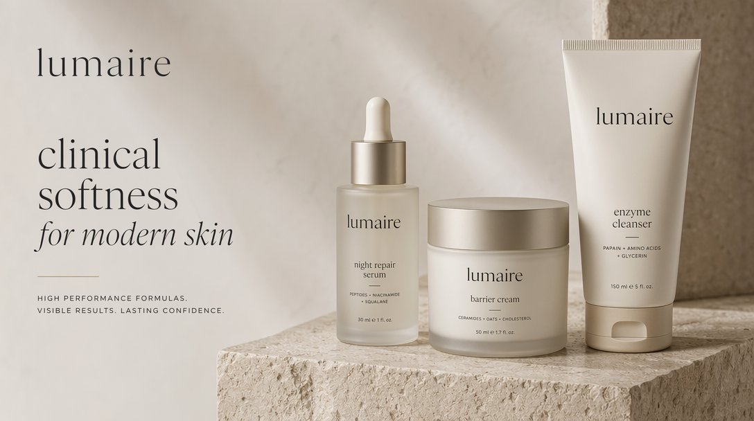 FauxtoLabs's tweet photo. A luxury skincare campaign photo for a fictional brand called “lumaire”. feature three products on a stone pedestal: a frosted glass serum bottle, a matte cream jar, and a tall cleanser tube. https://t.co/m5mQSfQlxA