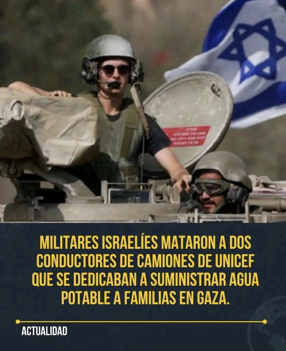 ⚠️ CRIMEN CONTRA LA HUMANIDAD: El ataque al agua en Gaza. ⚖️🌍

Esta vez fue el asesinato de dos conductores de UNICEF mientras distribuían agua potable en Gaza. Este ataque no solo viola el Derecho Internacional Humanitario, sino que utiliza la sed como un arma de guerra. 🏗️💣