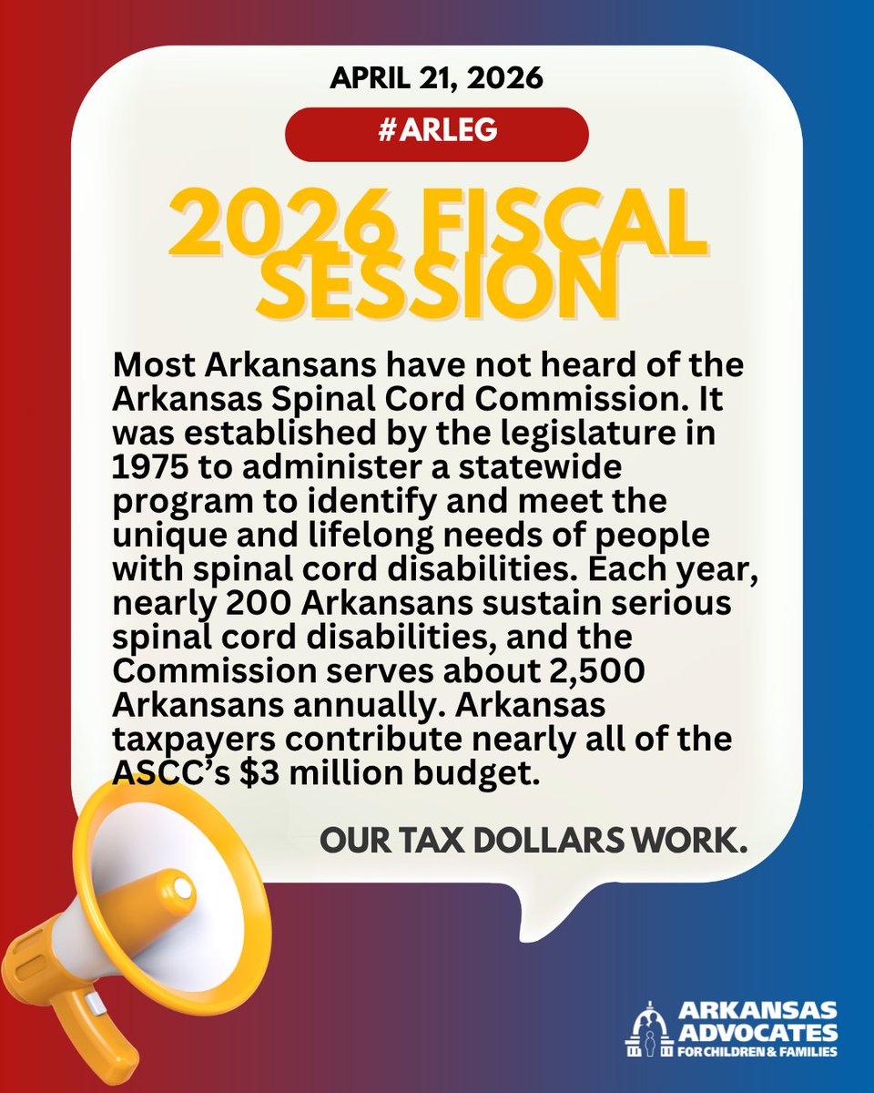AACF's tweet image. #DYK the AR Spinal Cord Commission was established by #arleg in 1975 to meet the needs of people with spinal cord disabilities. The Commission serves about 2,500 Arkansans/year. AR taxpayers contribute nearly all of the ASCC’s $3 million budget.  #OurTaxDollarsWork #fiscalsession