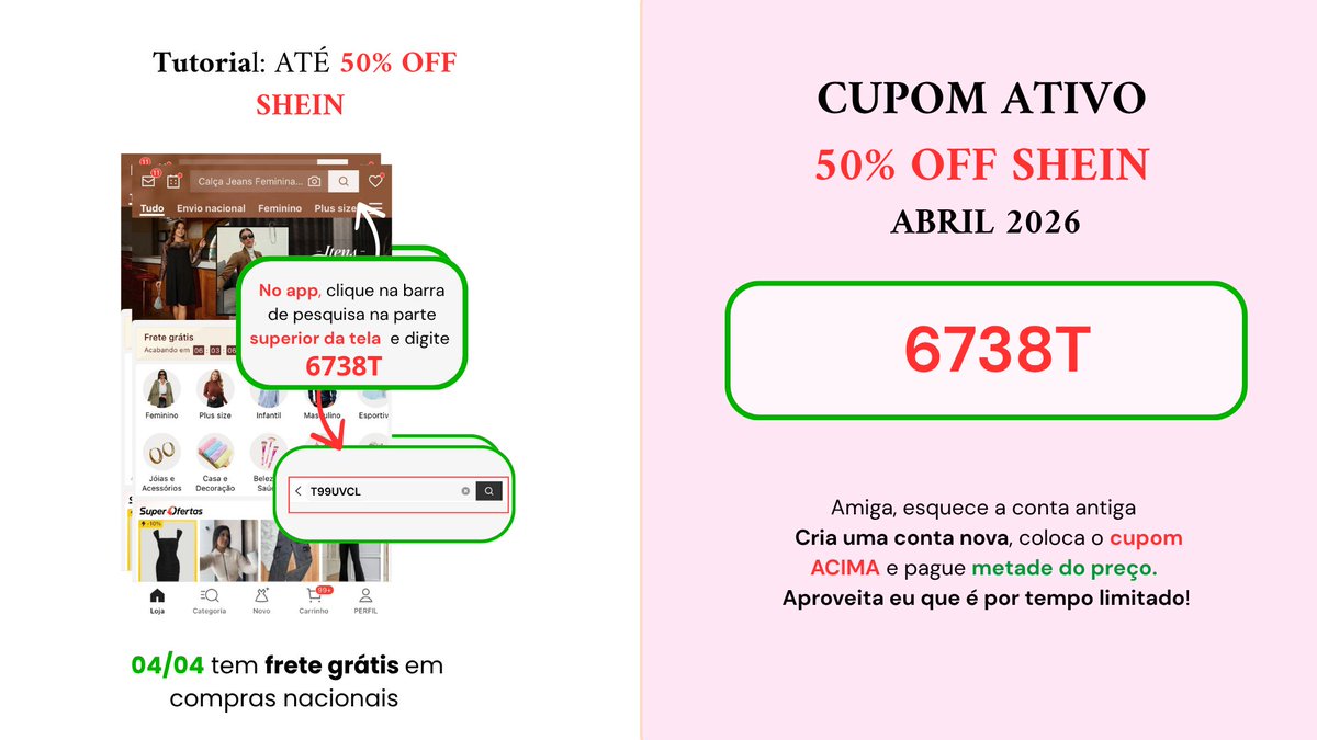 💸 Cupom Shein ativo hoje
Desconto MUITO bom de até 50% OFF

👉 onelink.shein.com/1/5llbj47zrec3