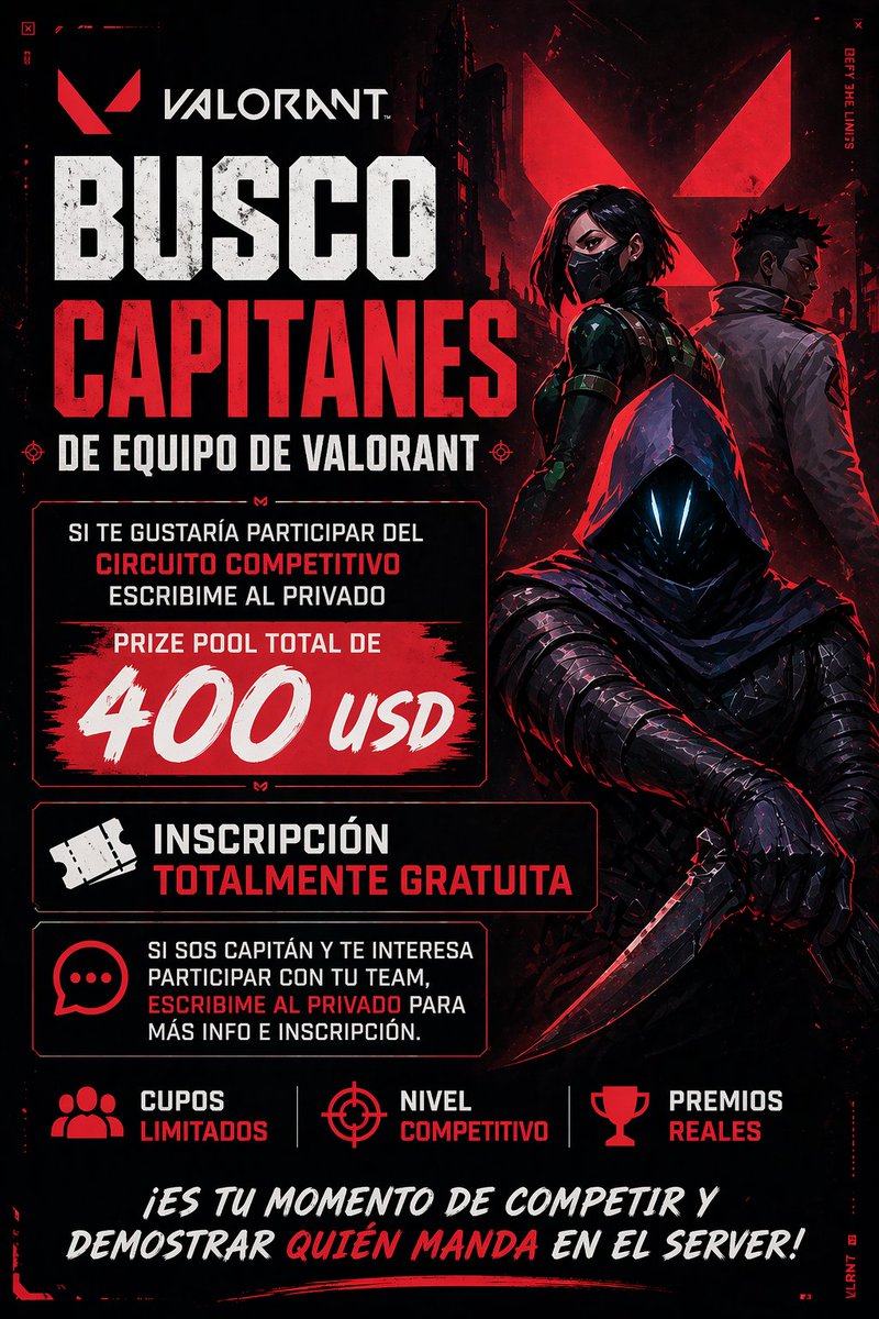 chinitabnx's tweet photo. 🚨 ATENCIÓN CAPITANES DE VALORANT 
Se viene un circuito competitivo 🔥
🆓 Inscripción totalmente gratuita
📅 Inicio: 4 de mayo
⚔️ Solo 16 cupos disponibles
Si te gustaría participar con tu team, escribime al privado para asegurar tu lugar.
#valorant https://t.co/cpSKzbKLDd