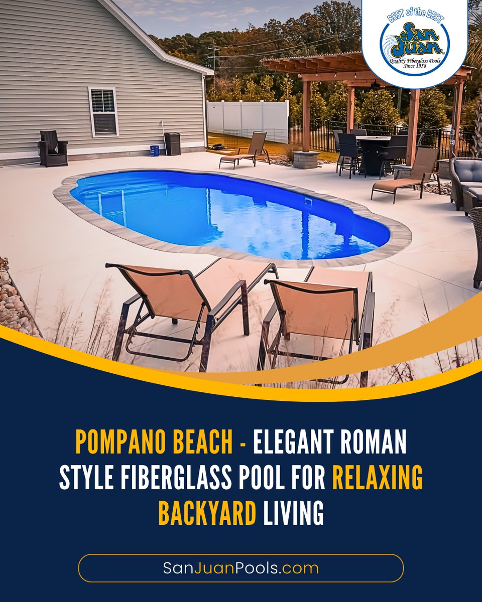 Pompano Beach offers a timeless Roman style with a smooth, easy layout for relaxing or family fun. Its inviting shape and comfortable depth make it a great fit for medium to large backyards. sanjuanpools.com/pools/Pompano_…