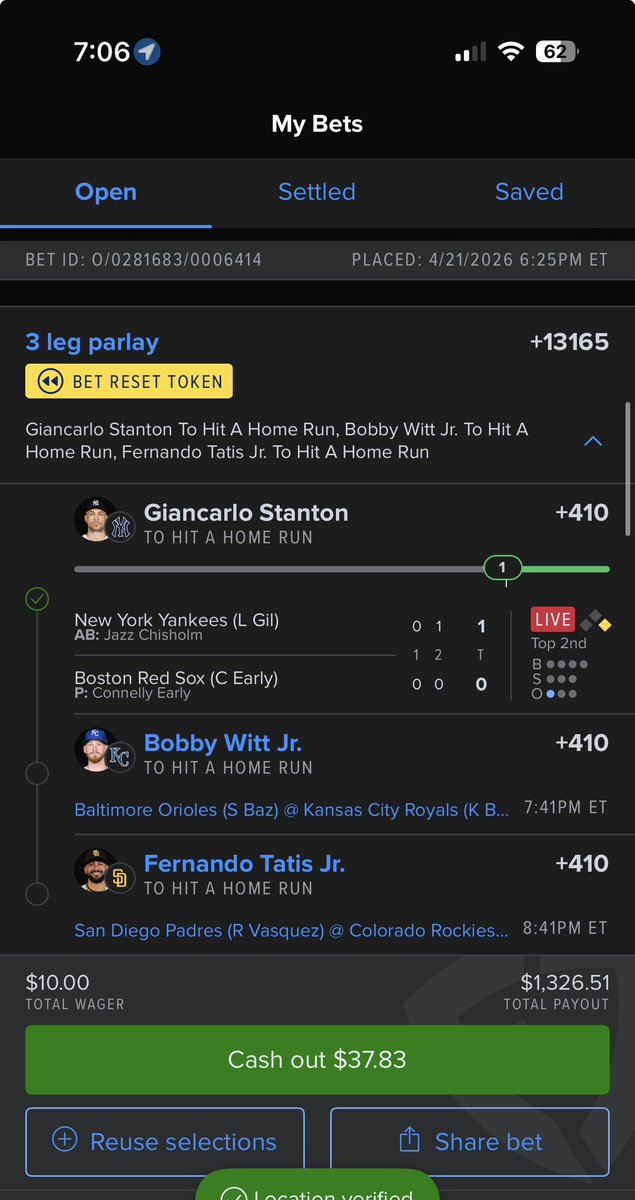 This was my one a day homerun parlay for today. Haven’t been posting these cause there extreme lottos we have hit 1-2 so far this season. Know the Stanton/judge hit for us a few days ago. Let’s go Whitt and Tatis. Both due! #MLB