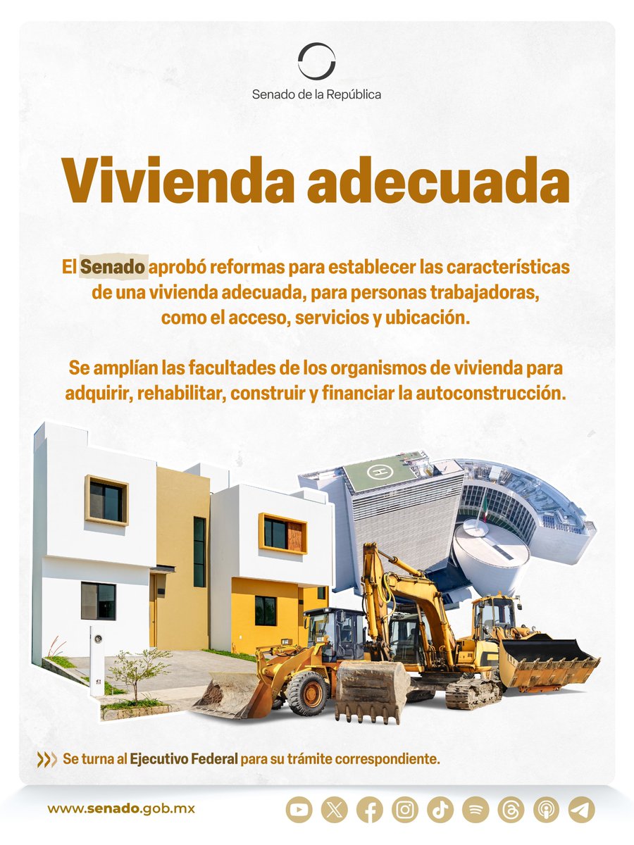 nacholozano's tweet image. El #Senado aprobó la #reforma a la #Ley de Vivienda, que tiene como objetivo que las instituciones faciliten recursos para construir o rentar viviendas de interés social.

En esta reforma se establecen las características de una #vivienda adecuada para personas trabajadoras, como