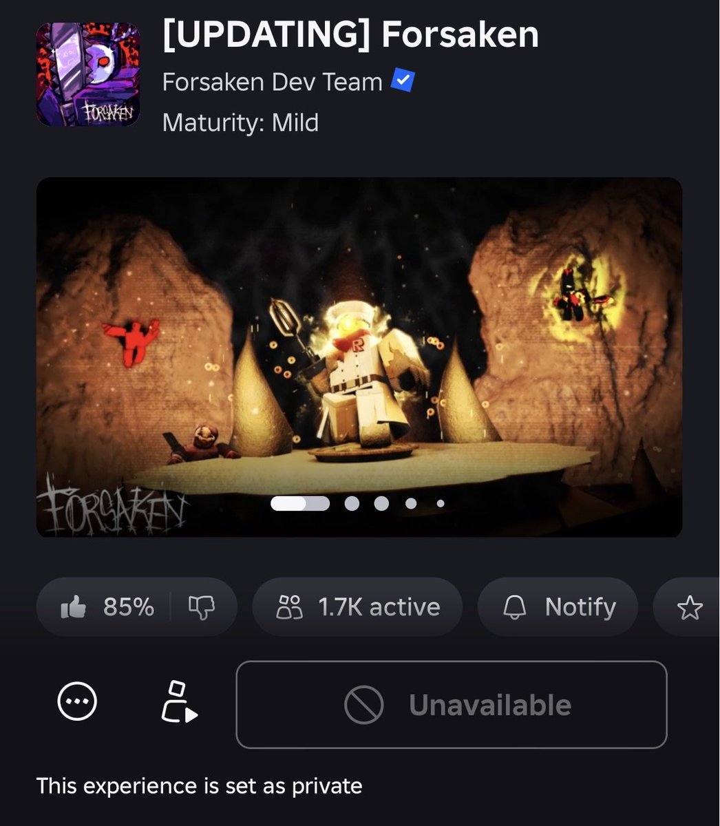 🚨NOTICIA🚨

-Forsaken fue cerrado temporalmente, esto debido a que se esta arreglando varias cosas en el juego, tal cual paso en la slasher update 

#Forsaken #forsakenroblox