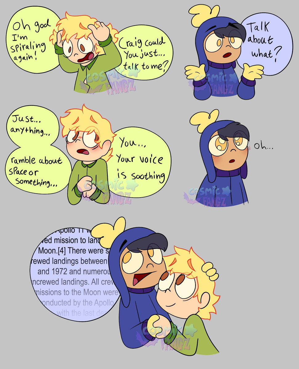 One of my favorite headcanons is that Tweek finds Craig’s nasally monotone voice relaxing and sometimes just listening to him ramble is enough to calm him down #southpark #sptwt #spcreek