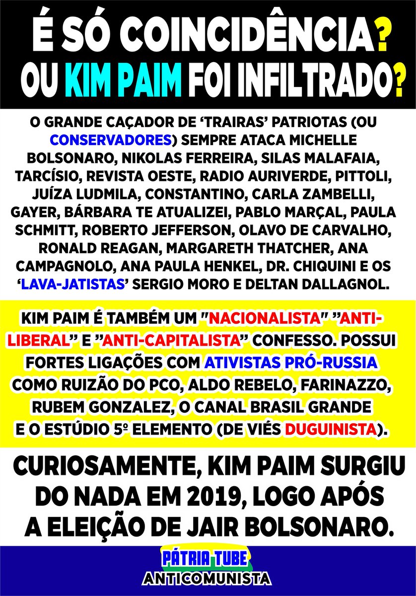 A DIREITA SE REDEFINIU:
Removem Jair Bolsonaro, Nikolas, Michelle, Constantino, Olavo de Carvalho, Os Conservadores e os Evangélicos.
Entra Kim Paim, Mafinha, Figueiredo, Estúdio 5º Elemento, Ruizäo do PCO e Aldo Rebelo.
Troca-se BOLSONARISMO por KIMPAIMISMO:
Missão Cumprida!