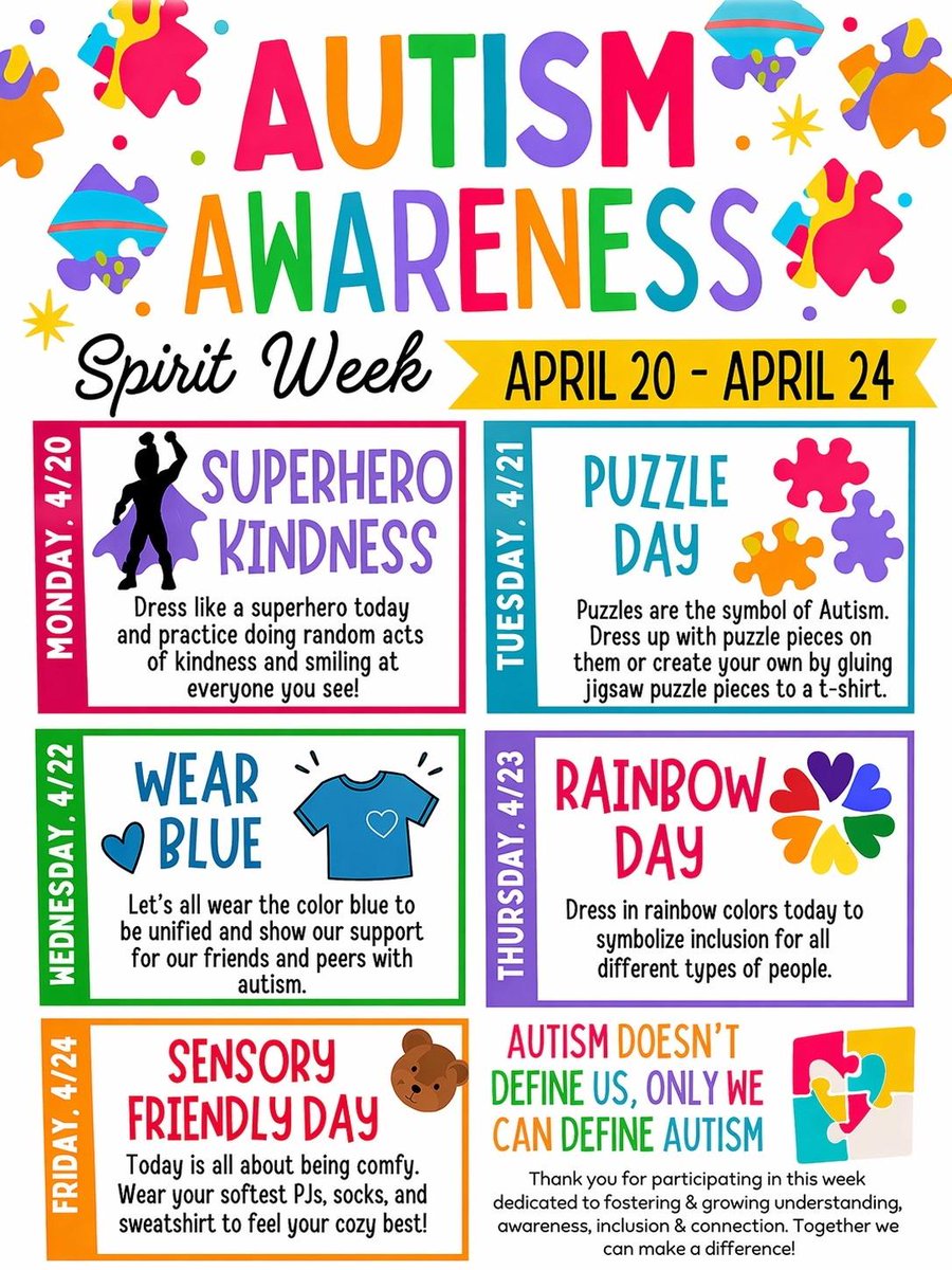 rdecpaul's tweet photo. It’s Puzzle Day at school! 🧩 Celebrating Autism Awareness Spirit Week by giving back to the village that supports my daughter. Ribbons for the students and pins for the staff to say "thank you" for all the love and inclusion. So proud of our school community! @EddieElem https://t.co/F3RuGGtxoV