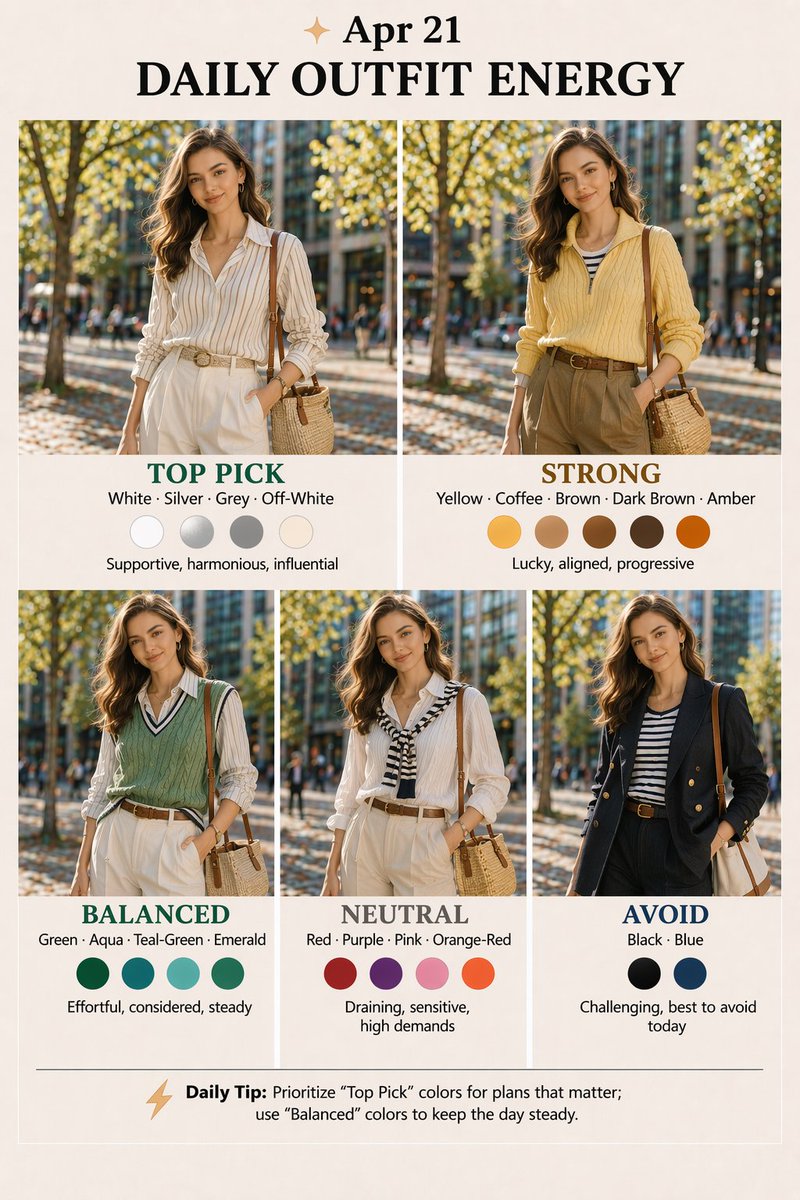 kunhaoguoxue's tweet image. Welcome to today's DAILY OUTFIT ENERGY(Apr 21), your daily guide to align your outfit with the five elements energy. #DailyOutfitEnergy #DailyOutfit #FengShuiTips #DailyEnergy #OutfitInspo #EnergyAlignment #EnergyOutfit