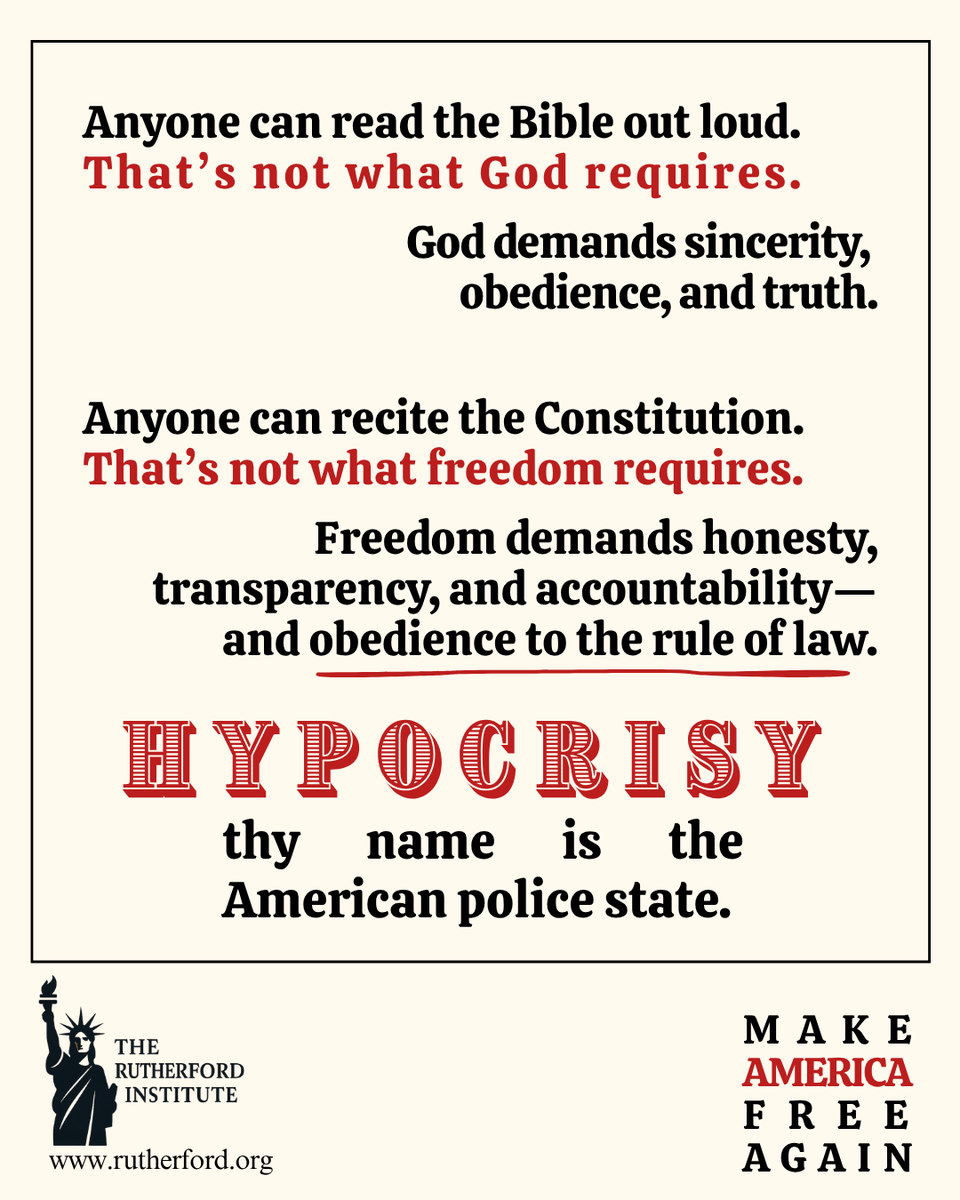 Rutherford_Inst's tweet photo. Anyone can read the Bible.
Anyone can quote the Constitution.

But what matters is whether those in power actually follow either one. https://t.co/Lp6S1HEqLR