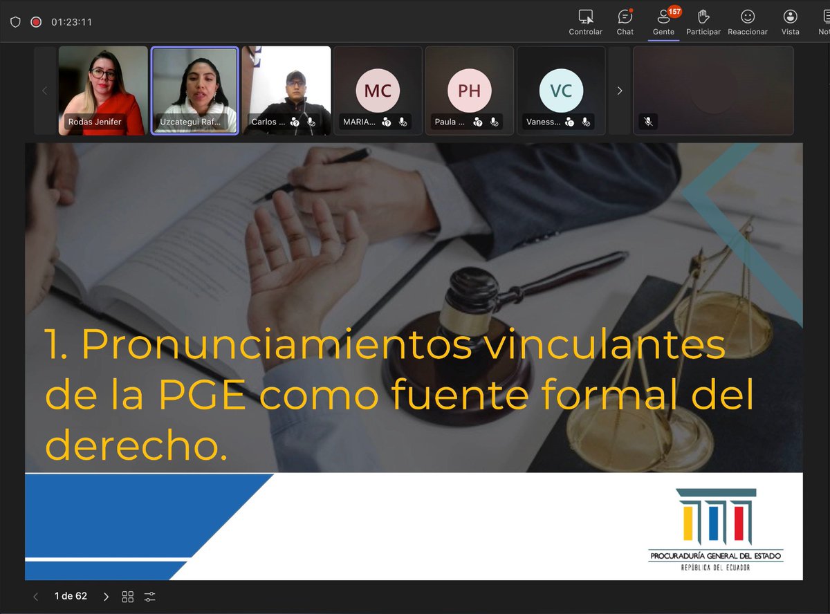 PGEcuador's tweet photo. #LaProcuraduríaCapacita | #Hoy se dictó el curso virtual denominado "Sobre la facultad de la PGE para absolver consultas", a cargo de la Abg. Rafaella Uzcátegui @RafaellaUzc, directora Nacional de Consultoría de la @PGEcuador https://t.co/tckue5d6XJ