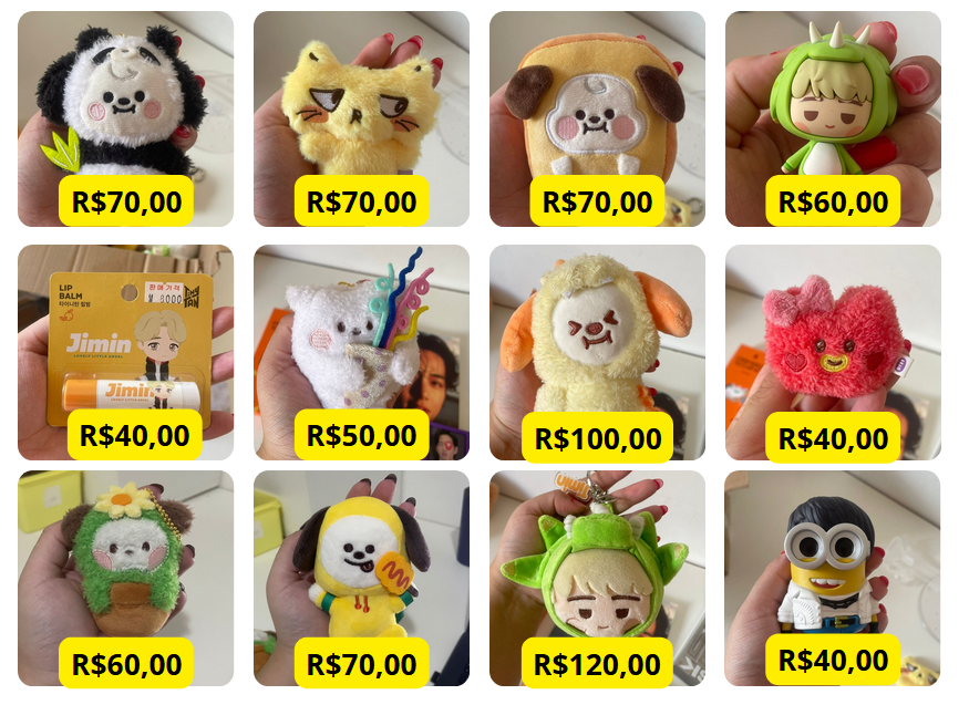 VENDA / VENDO

Pelúcias (chaveiros) Chimmy, Tata e RJ BT21, Balm Tiny Tan, LD In the Seom Festa 25, Funko POP Minion Jimin PTD

💸 Valores na imagem + frete

- Pagamento via Pix, MP ou Picpay (com taxas)
- Feedbacks em: #1310collector_feedbacks