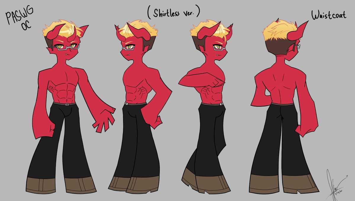 C_Moon_20's tweet image. Reuploading my sibling's oc, Waistcoat, 
Waiscoat's reference look like on 11/05/25, youngest son of Kneesocks

#newパンスト #newPSG #PaSwG #PantyandStocking #PantyAndStockingSeason2 #PantyandStockingOC #Paswgoc #PSGOC #characterdesign #characterreferences