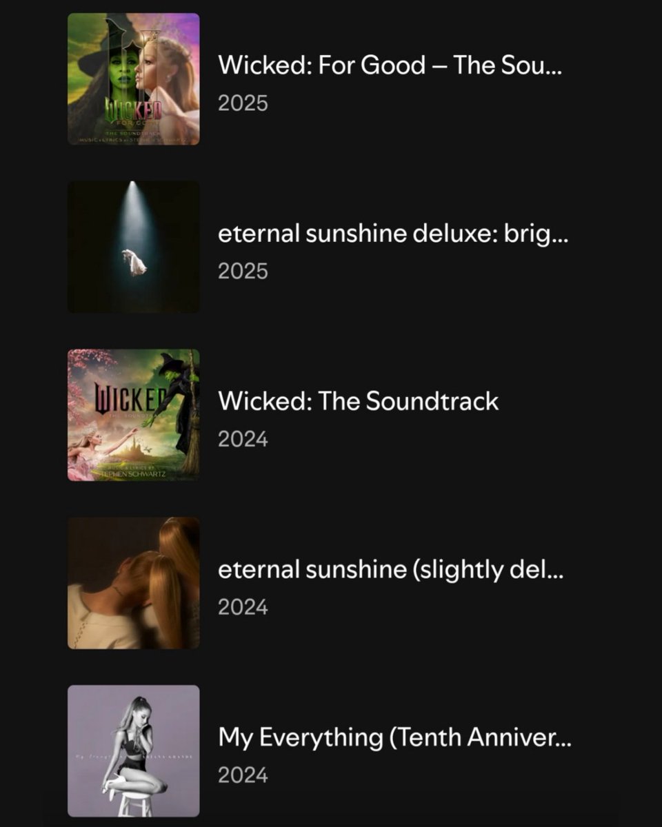 🚨 Porządki! Na koncie Ariany Grande na Spotify zaszły zmiany. Wersje albumu „eternal sunshine” — „a cappella” i „instrumental” nie są już widoczne w głównym profilu.

— Wersje „slightly deluxe” oraz „slightly deluxe and also live” są nadal widoczne.