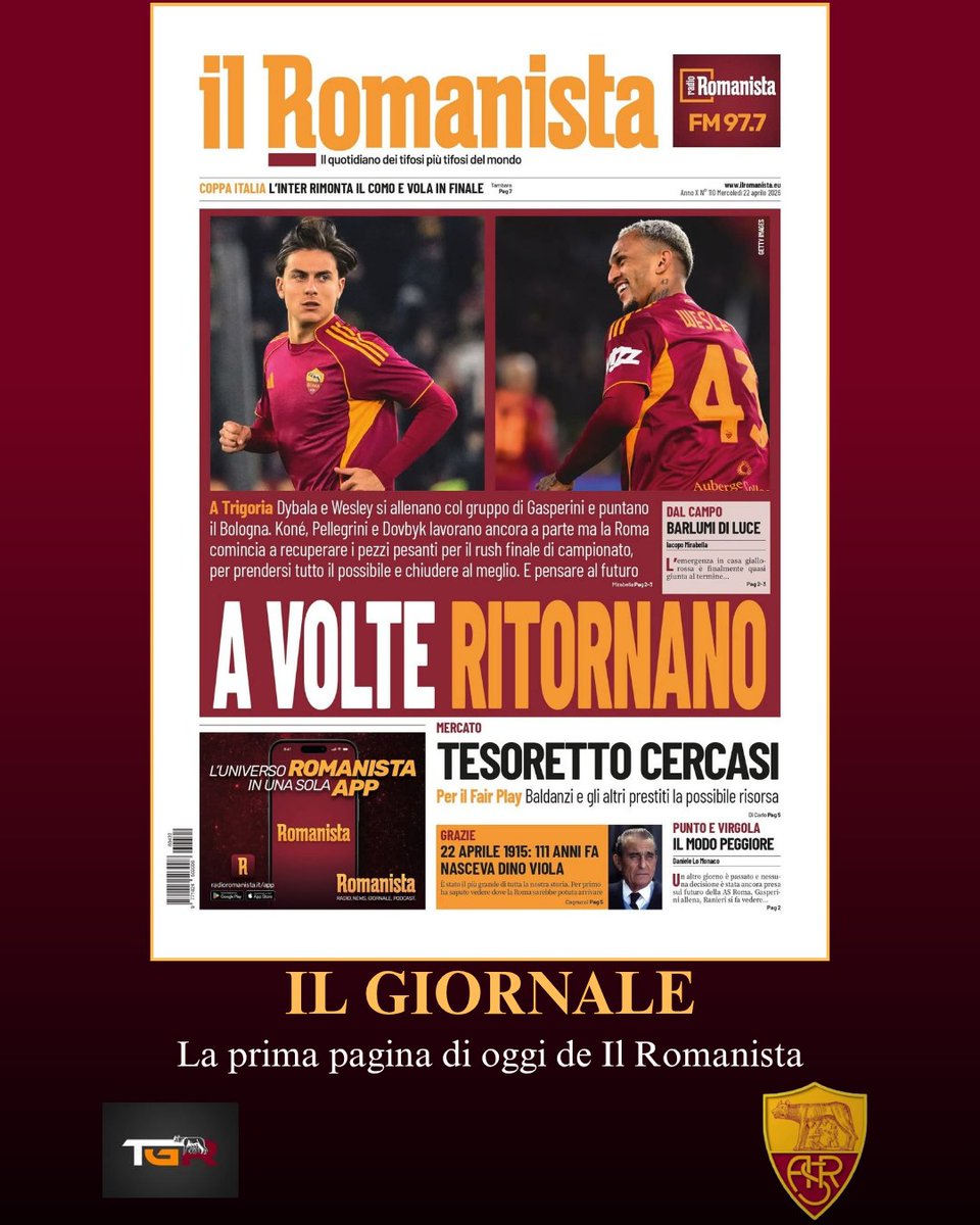 TorcidaGR's tweet image. 22 Aprile 2026 | Buongiorno con la Prima Pagina di oggi de #IlRomanista!

#ASRoma
#TorcidaGiallorossa
