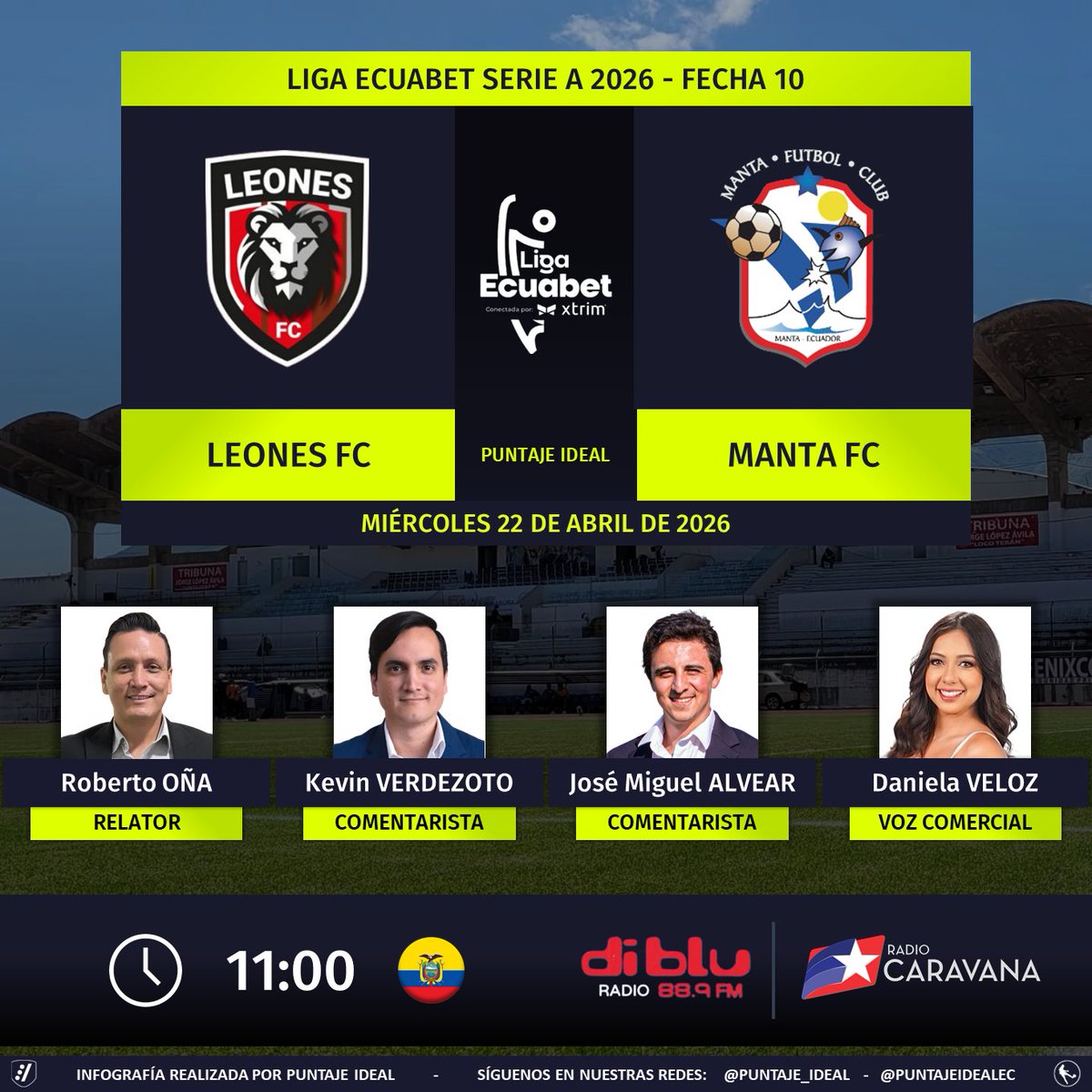 PuntajeIdealEC's tweet photo. ⚽ #LigaEcuabet 🇪🇨 | #LeonesFC vs. #Manta 
🎙 Relator: @robertoonar
🎙 Comentaristas: @KVerdezoto17 - @jmalvearc
🎙 Voz comercial: @Chinavelozb
📻 @RadioDibluFM - @Caravana750
🤳 #DibluSiempreContigo - #TradiciónDeHinchas
Dale RT 🔃 https://t.co/dxeFCU6x8Q