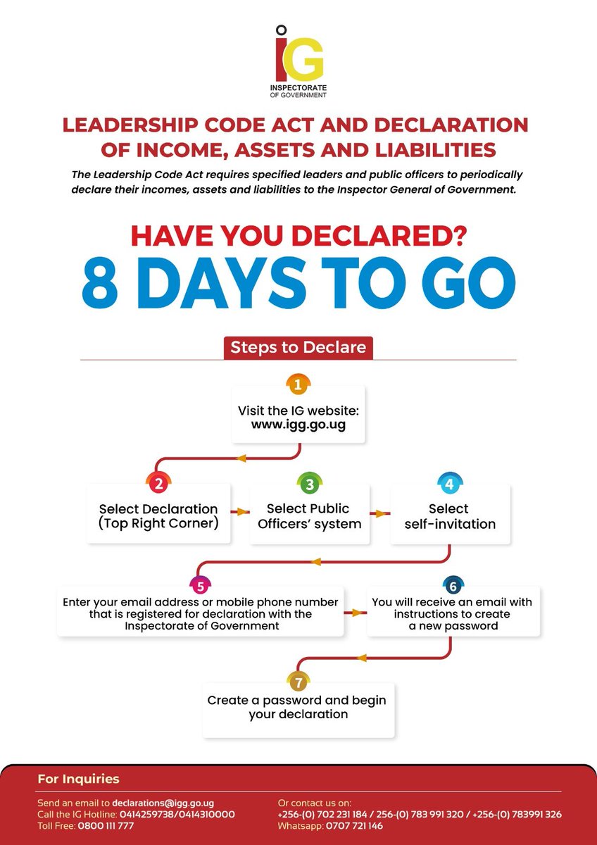IGGUganda's tweet photo. Dear Public Officers,
Only 8 days remain until the close of the declaration period. Our teams are on standby and ready to support you throughout the process.
#Declaration2026 https://t.co/UGPHsVHrYK
