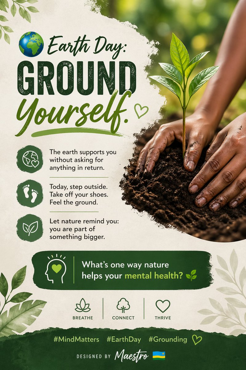 fabriceirad's tweet image. Ground Yourself.
The earth supports you without asking for anything in return.
Today, step outside. Take off your shoes. Feel the ground.
Let nature remind you: you are part of something bigger.
What’s one way nature helps your mental health? 🌱
#MindMatters #EarthDay #Grounding